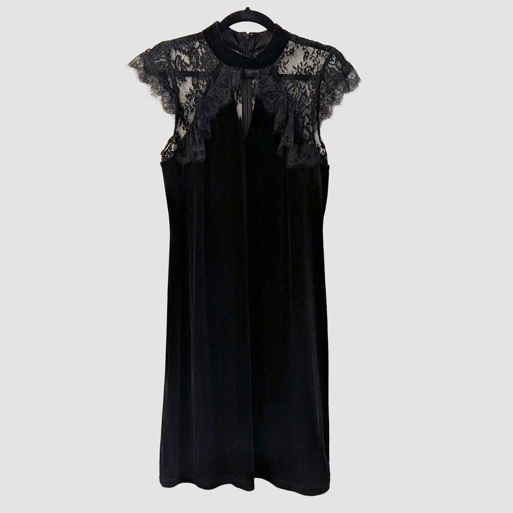 WHBM Velvet Lace Mock Neck Dress Black Size 10 Flutter Sleeve Lined Romantic